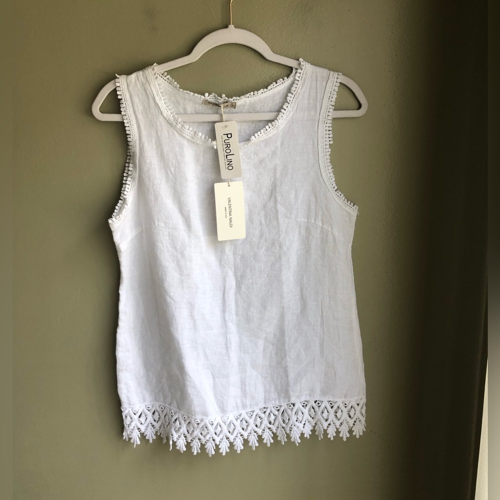 NWT! Valentina Naldi White Linen Sleeveless Top Lace Fringe Hem Made in Italy S